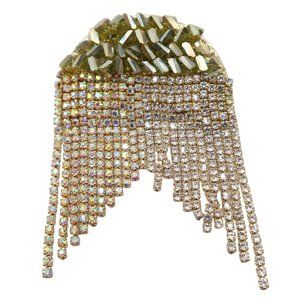 Dazzling Rhinestone Fringe & Beaded Gold Tone Brooch 2.5"x1.5" Unsigned